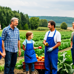 **

"A group of fully clothed families participating in a rural farm experience, harvesting fresh produce, modest clothing, appropriate attire, safe for work, scenic countryside background, perfect anatomy, correct proportions, well-formed hands, proper finger count, natural poses, family-friendly, professional photography, high quality."

**